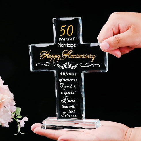 50th Wedding Anniversary Religious Cross Gift - Laser Engraved Glass Standing Cross Keepsake